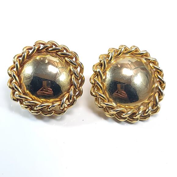 Vintage Gold Tone Clip-On Earrings with Twisted Rope Design and Dome Center - Picture 1 of 10